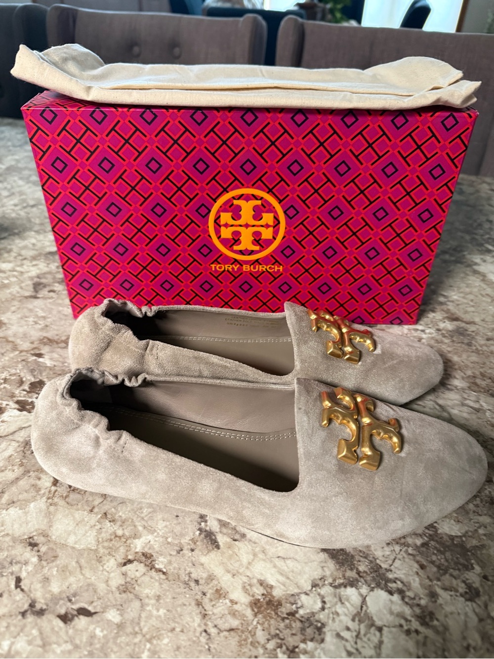 Tory Burch Taupe Suede Ballet Flats with Gold Logo Hardware
